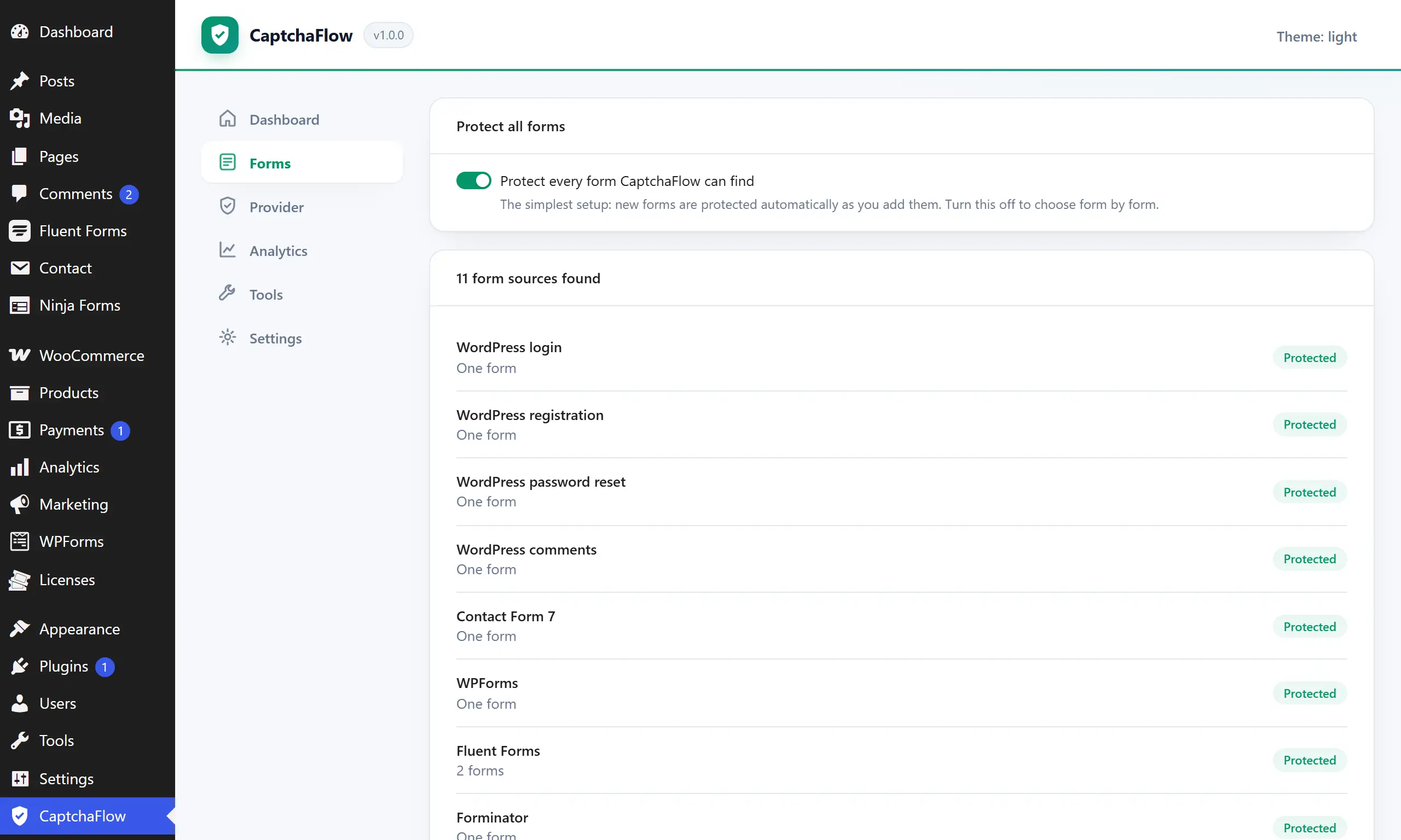 The Forms screen listing every detected form source, each marked protected, above one protect-all switch.