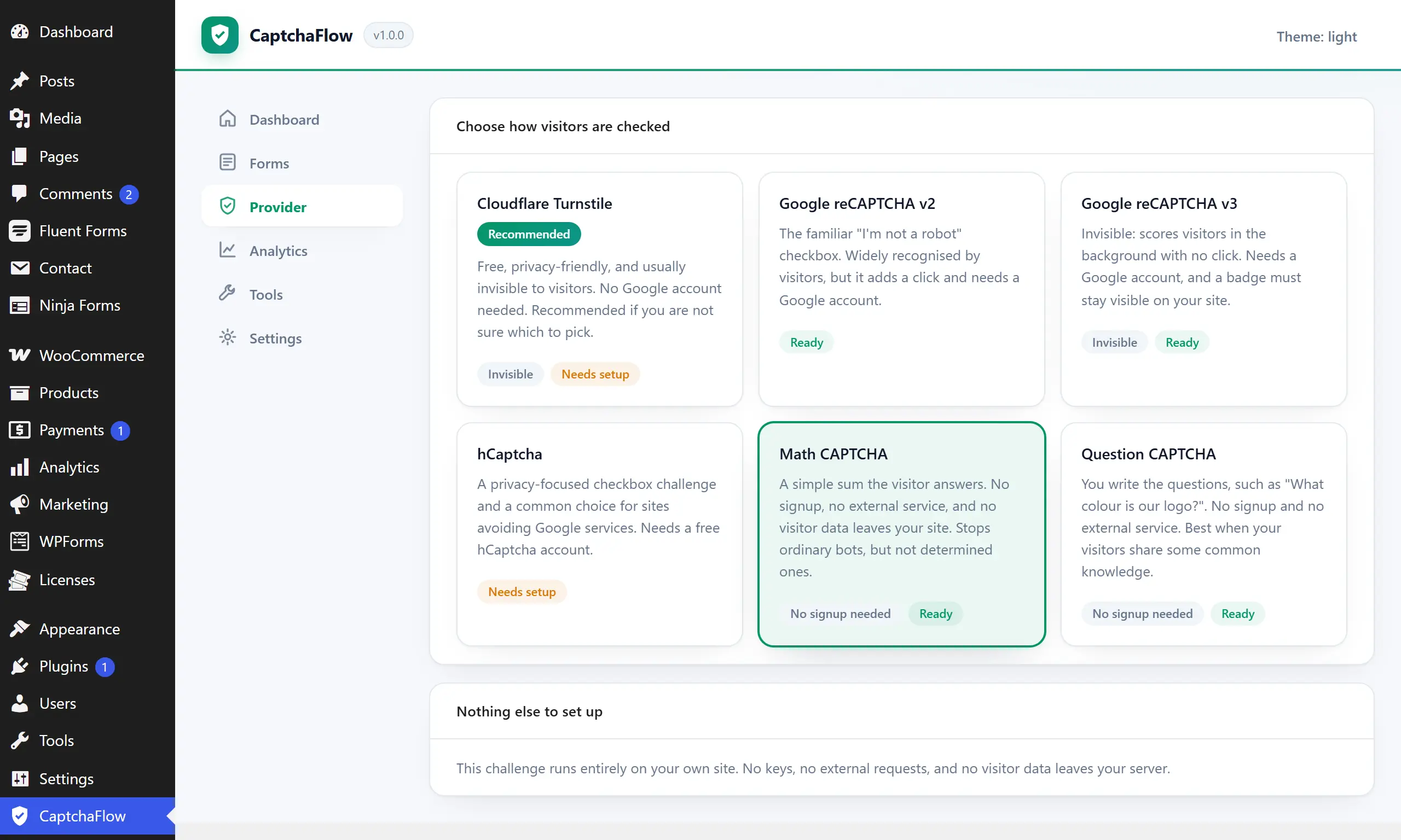 The Provider screen: challenge cards explaining each option’s trade-offs, with a button that tests your keys.