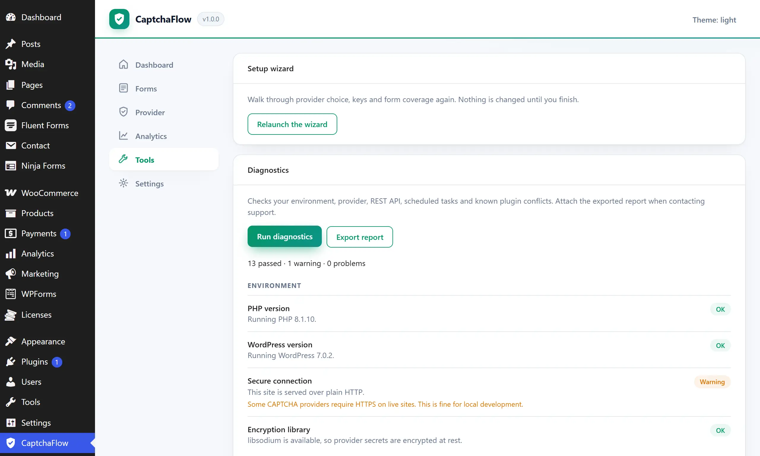 The Tools screen showing one-click diagnostics results and the theme compatibility checker.
