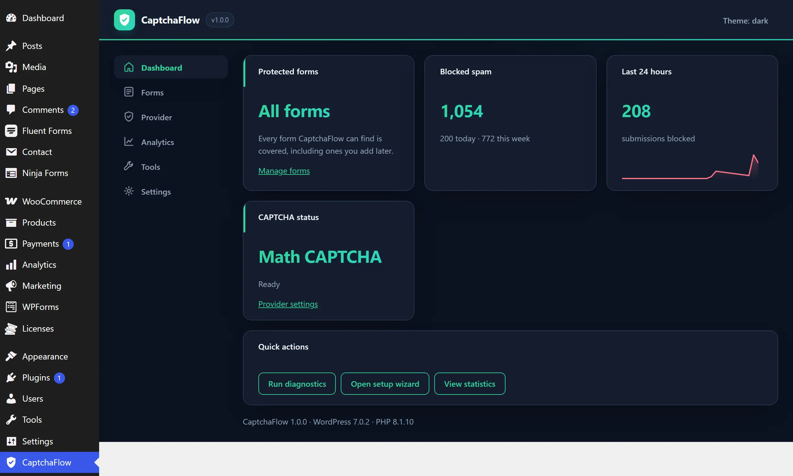 The CaptchaFlow admin in dark mode, following the WordPress colour scheme.