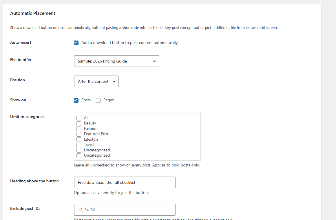 The Automatic Placement settings card with auto-insert enabled, a file chosen, position set to after the content, post types, category limits and a heading