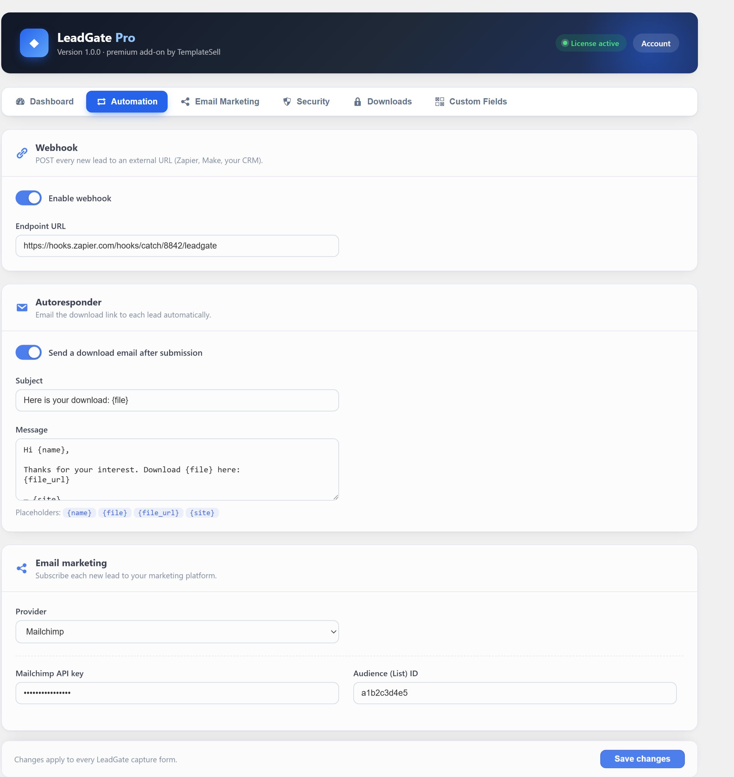 Gated Downloads Pro automation settings tab with toggle switches for webhook and autoresponder and Mailchimp fields