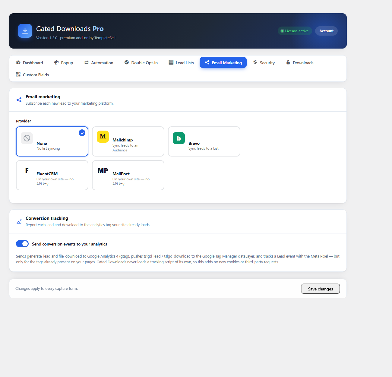 Email marketing provider cards for None, Mailchimp, Brevo, FluentCRM and MailPoet, above the conversion tracking toggle