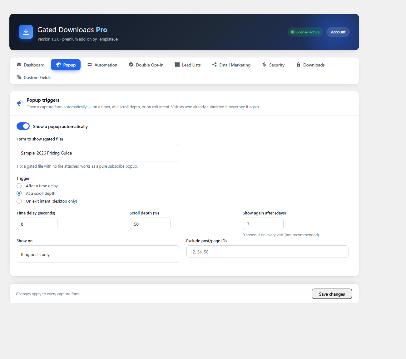 Popup trigger settings: enable toggle, form picker, time delay, scroll depth and exit intent options, frequency cap and page targeting