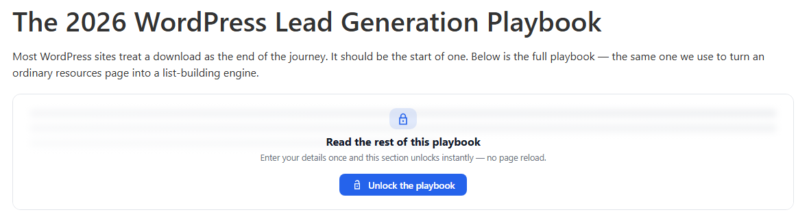 A blog post with its second half replaced by a blurred locked placeholder, a padlock icon and an Unlock the playbook button