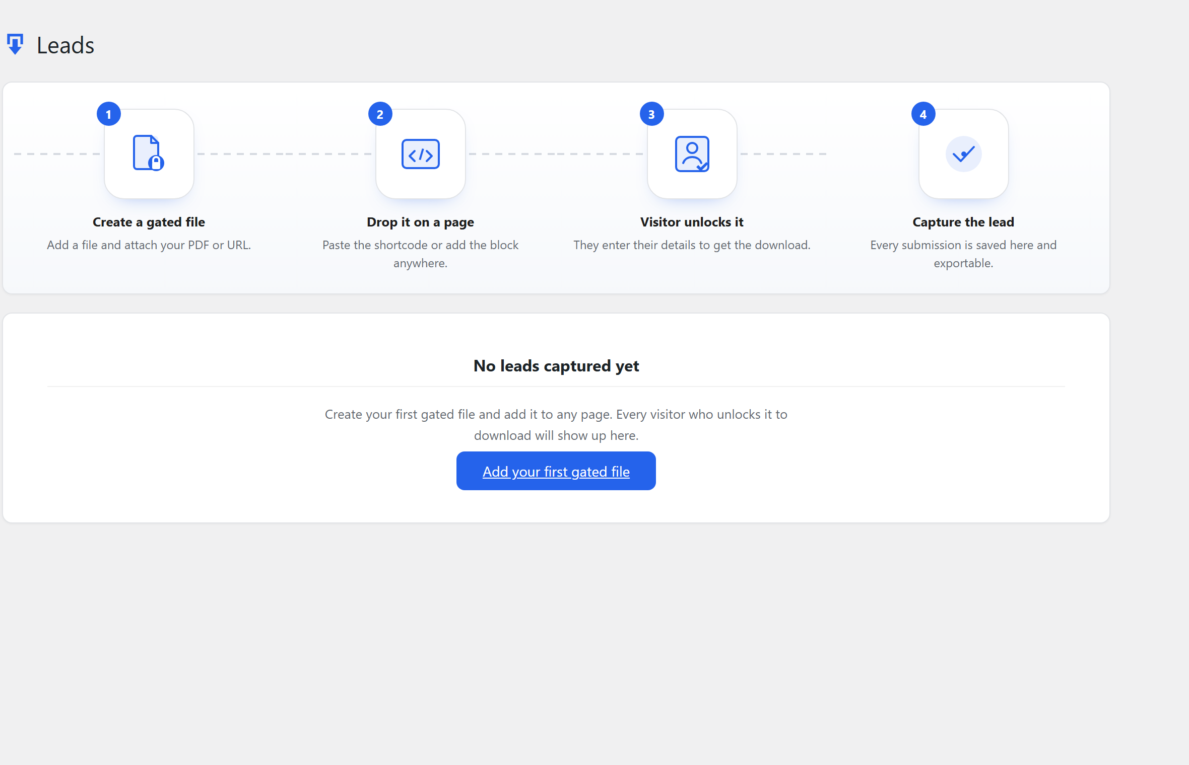 Gated Downloads free Leads screen with the illustrated how-it-works onboarding