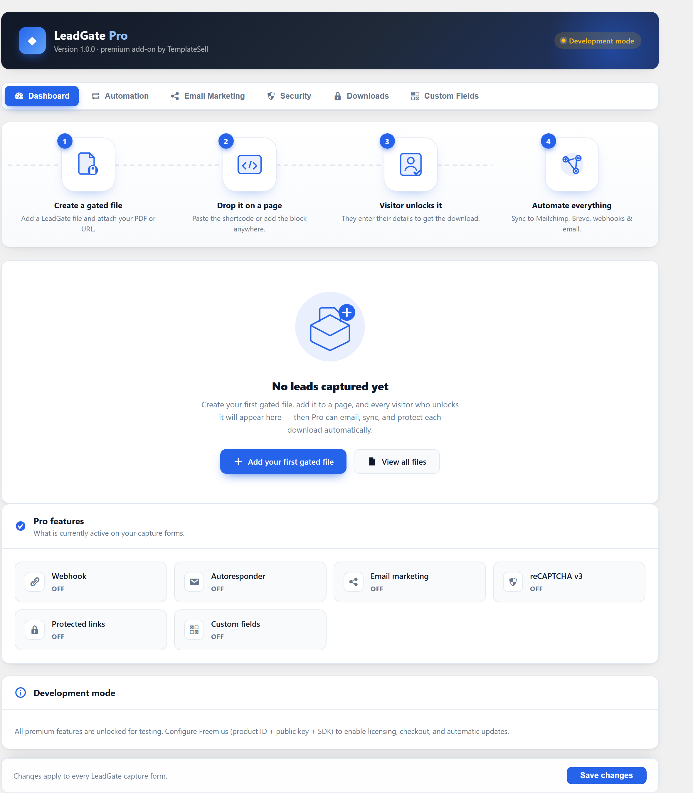Gated Downloads Pro dashboard first-run empty state inviting you to add your first gated file