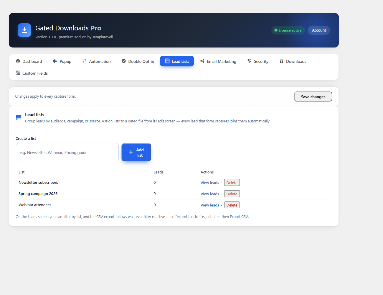 Lead Lists settings showing three saved lists with lead counts and delete actions