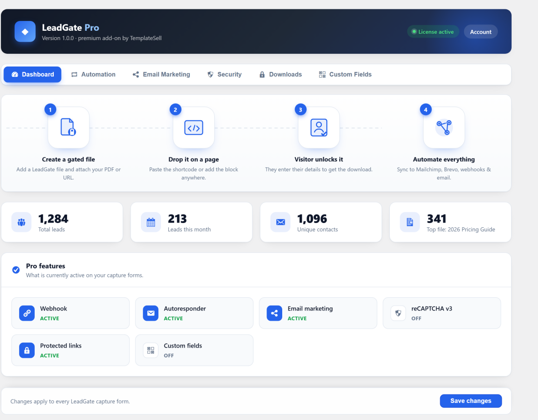 The Pro dashboard showing captured lead totals, the four-step setup flow and which integrations are active