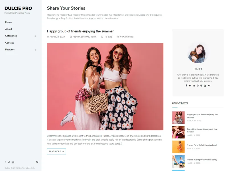 Dulcie Pro minimal blog WordPress theme with sidebar navigation