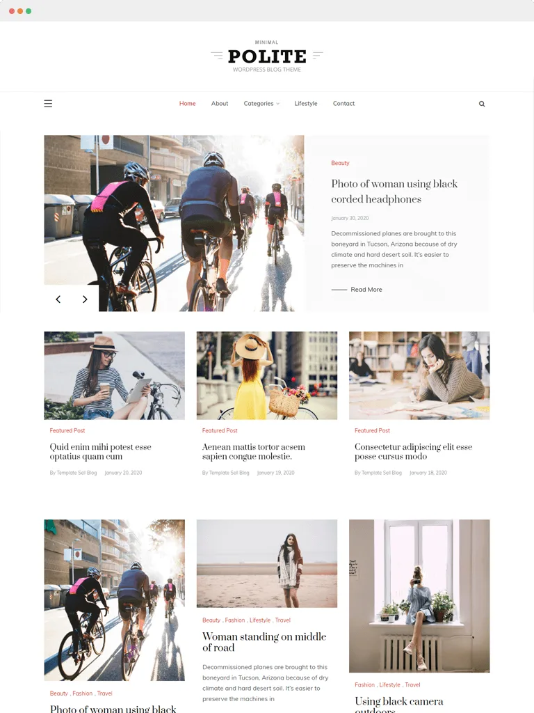 Polite minimal blog WordPress theme homepage shown on desktop