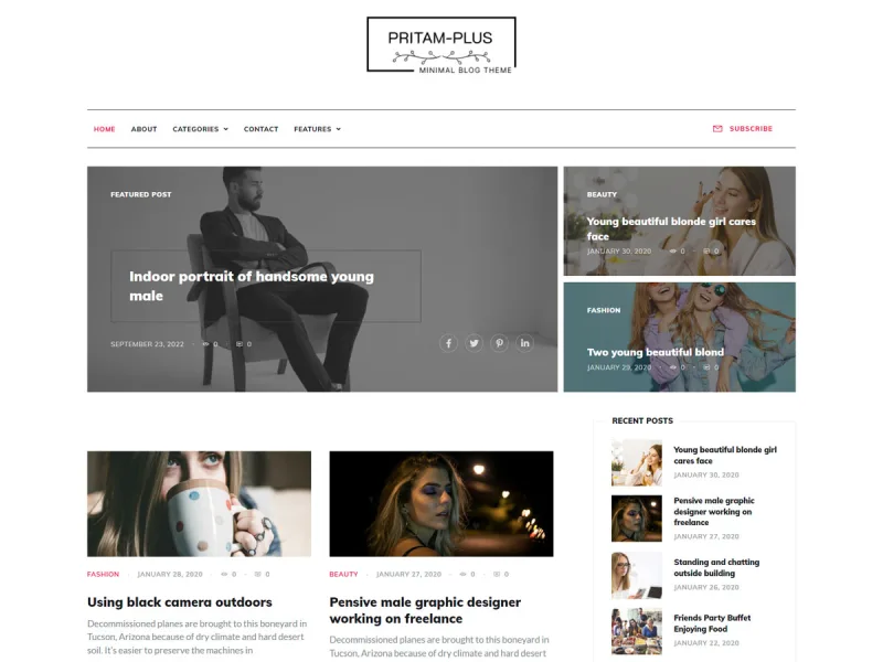 Pritam Plus minimal masonry blog WordPress theme preview