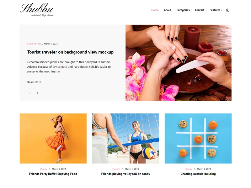 Shubhu Plus minimal blog WordPress theme homepage preview